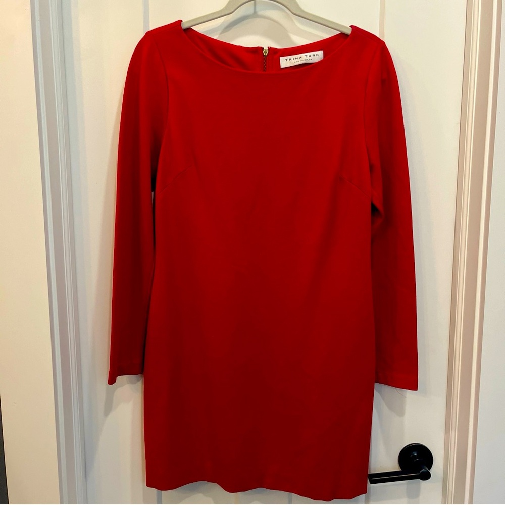 TRINA TURK Red Rayon Blend‎ Stretchy Long Sleeve Shift Mini Dress Style 2108532